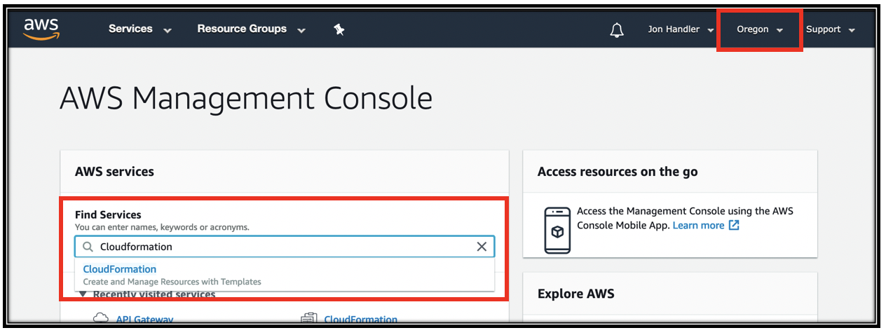 AWS console main window searching for CloudFormation